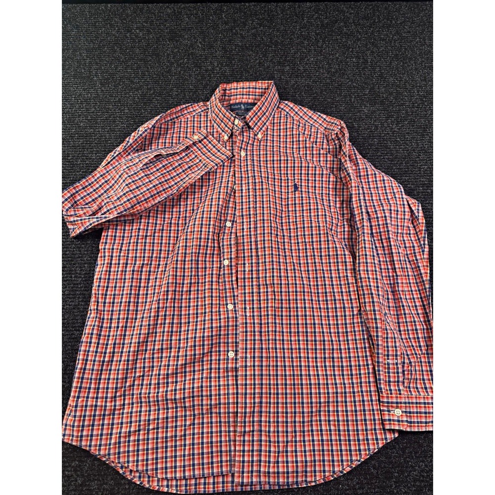 Ralph Lauren Men L Custom Fit Plaid Button Down Shirt Red Navy 100% Cotton